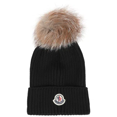 Moncler Kids Pompom Ribbed Wool Beanie In Black