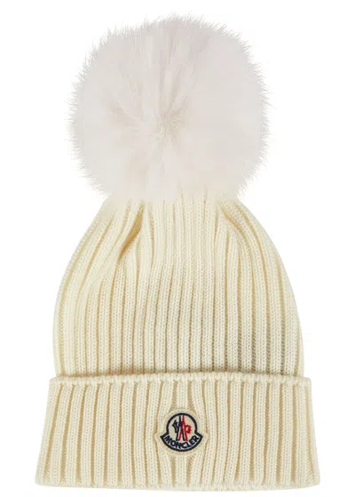 Moncler Kids Pompom Ribbed Wool Beanie In Off White