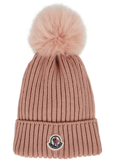 Moncler Kids Pompom Ribbed Wool Beanie In Pink