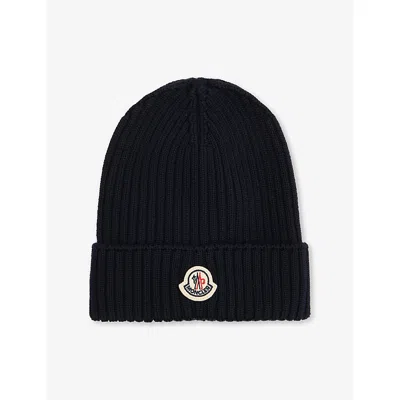 Moncler Kids' Ribbed Wool Beanie Hat Navy In Black
