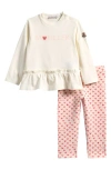 Moncler Kids' Ruffle Hem Graphic T-shirt & Heart Print Leggings Set In White