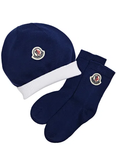 Moncler Kids Sock And Hat Gift Set In Blue Other