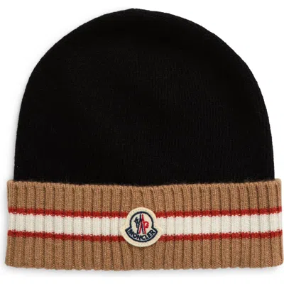 Moncler Kids' Stripe Cuff Wool Knit Beanie In Black