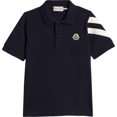 Moncler Kids' Stripe Sleeve Cotton Piqué Polo In Blue