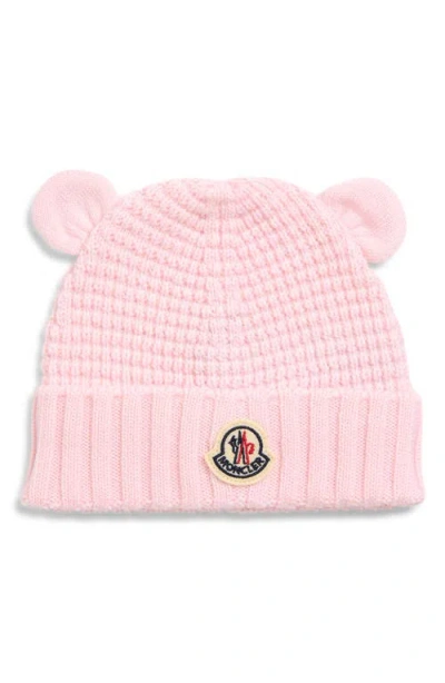 Moncler Kids' Teddy Bear Logo Patch Virgin Wool Beanie In Pink