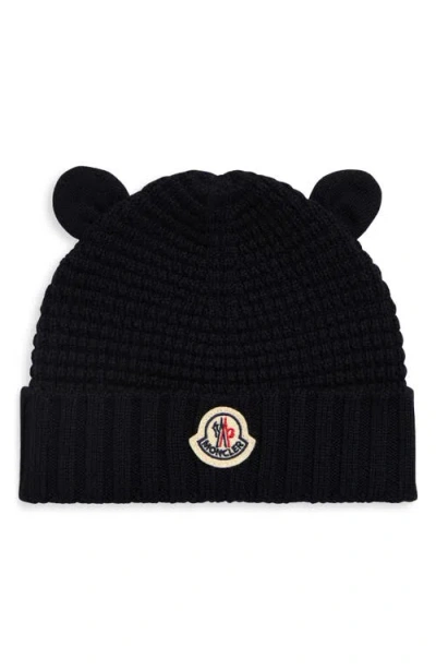 Moncler Kids' Virgin Wool Waffle Knit Beanie With Teddy Bear Ears In Navy
