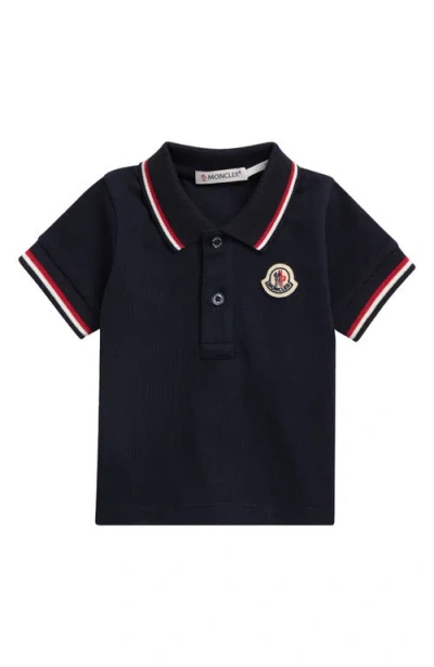 Moncler Kids' Tipped Stretch Cotton Piqué Polo In Blue
