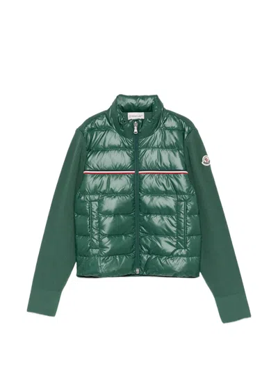 Moncler Kids Tricolor Stripe Cotton Stand-collar Zip Jacket For Boys In Green