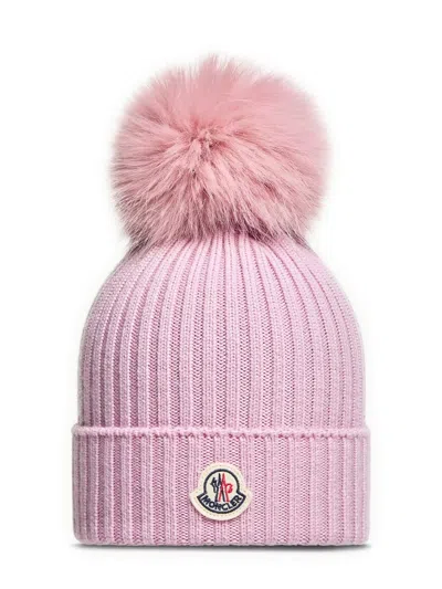 Moncler Kids Ultra-fine Merino Wool Kid's Hat With Synthetic Pom-pom In Rosa