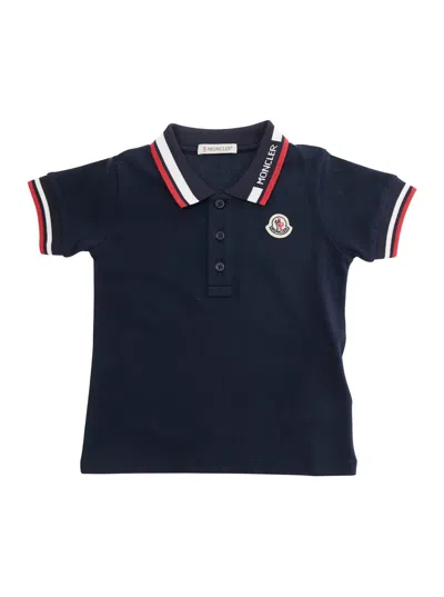Moncler Kids Unisex Baby Cotton Polo Shirt With Striped Details And Logo Patch In Blue