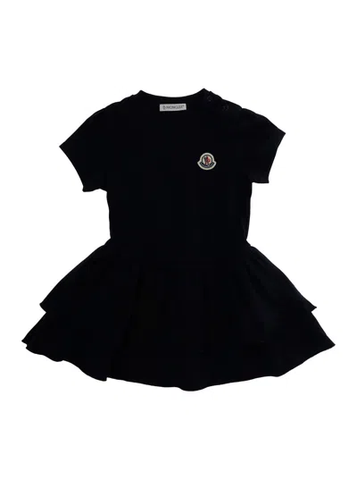 Moncler Kids Unisex Baby Crew Neck Logo Patch Dress With Wide Skirt In Blu