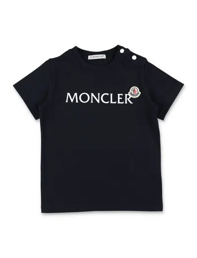 Moncler Kids Unisex Baby Crew Neck T-shirt With Logo Lettering Print And Front Logo Patch In Black