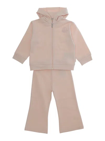 Moncler Kids Unisex Baby Mini Pink Set With Zip-up Logo Hoodie And Pants