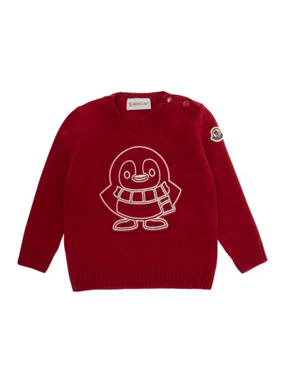 Moncler Kids Unisex Baby Mini Wool-cashmere Sweatshirt With Front Embroidery & Sleeve Logo Patch In Red