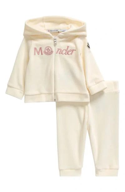 Moncler Kids' Velour Full Zip Graphic Hoodie & Sweatpants Set In White
