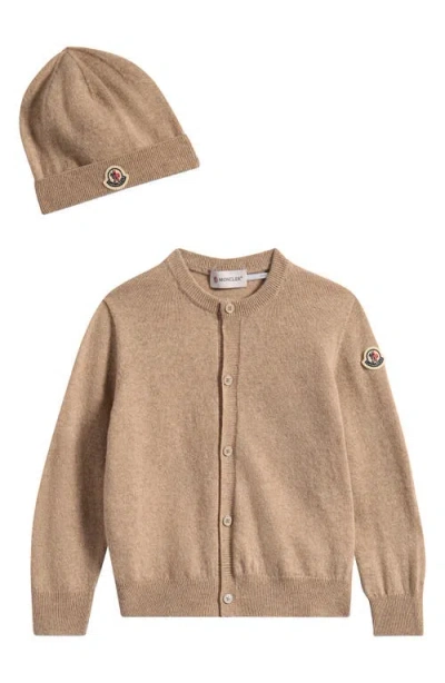 Moncler Kids' Virgin Wool & Cashmere Cardigan & Beanie Set In Brown