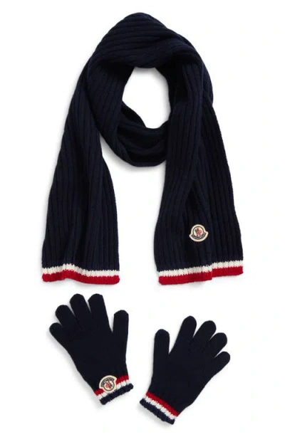 Moncler Kids' Virgin Wool & Cashmere Scarf & Gloves Set In Blue