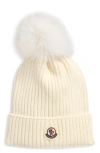 Moncler Kids' Virgin Wool Rib Beanie With Faux Fur Pompom In Neutral