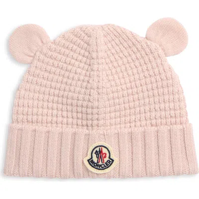 Moncler Kids' Virgin Wool Waffle Knit Beanie With Teddy Bear Ears In Light Pink