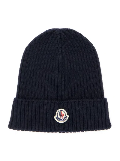 Moncler Kids Wool Hat With Logo Patch And Turned-up Brim For Baby Boy In Blue