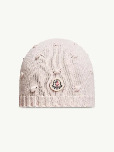 Moncler Kids Wool-cashmere Blend Logo Patch Beanie Hat (5-gauge) Mini In Rosa