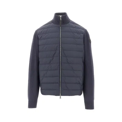 Moncler Knit And Nylon Full-zip Cardigan In Blue