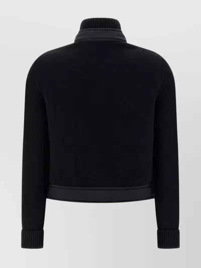 Moncler Knit Cardigan With Ribbed Cuffs And High Collar In Black