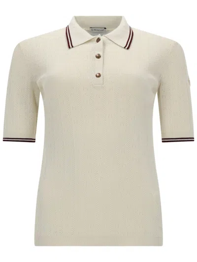 Moncler Knit Cotton Polo Shirt In Ivory