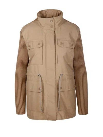 Moncler Knit-panelled Zipped Military Jacket In Beige