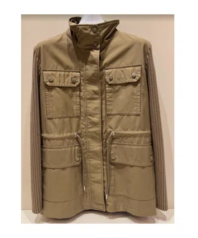 Moncler Knit-panelled Zipped Military Jacket In Brown