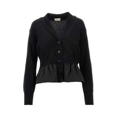 Moncler Knitted Cardigan With Taffetà Peplum In Black