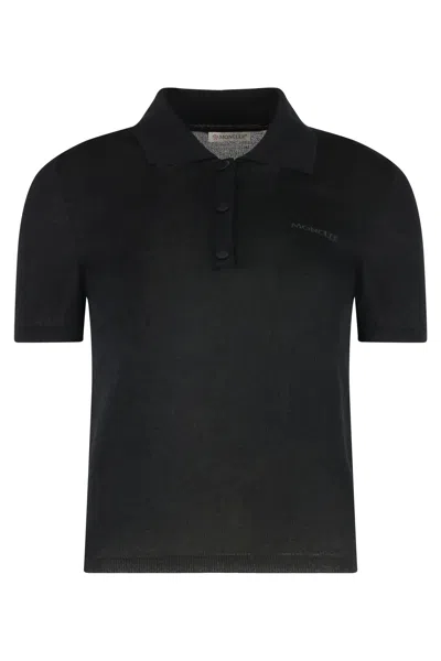 Moncler Knitted Cotton Blend Polo Shirt In Black
