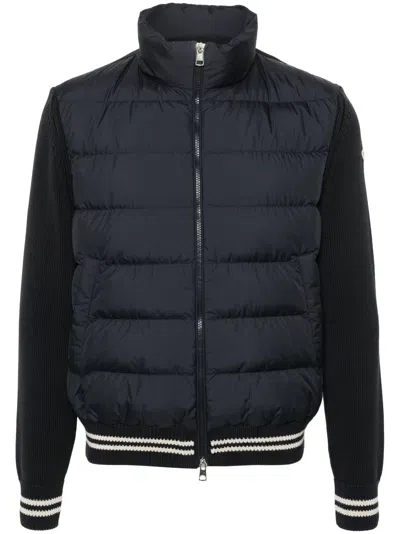Moncler Knitted-panels Padded Jacket In Blue