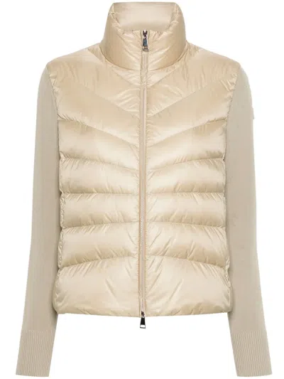 Moncler Quilted High Neck Two-material Cardigan With Feather Padding In Neutral