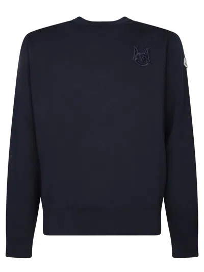 Moncler Long Sleeve Knit Sweater With Embroidered Logo In Blue