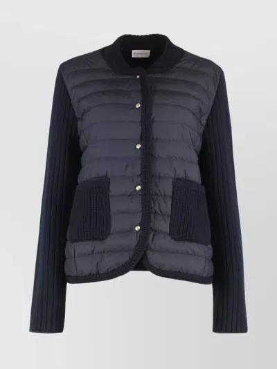 Moncler Knitwear Cardigan With Quilted Front Panel In Blue