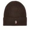 Moncler L Beanie Hat With Logo Patch In Brown