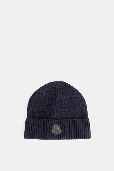 Moncler L2091 Logo-embroidered Wool Knit Beanie In Blue