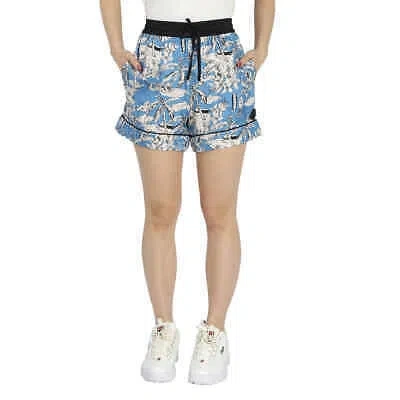 Pre-owned Moncler Ladies Azurine Palm Print Drawstring Silk Shorts In Green