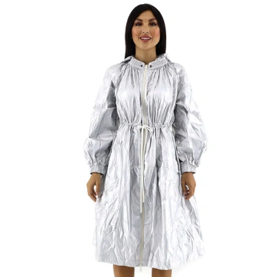 Moncler Ladies Silver Akubens Laminated Nylon Coat In Metallic