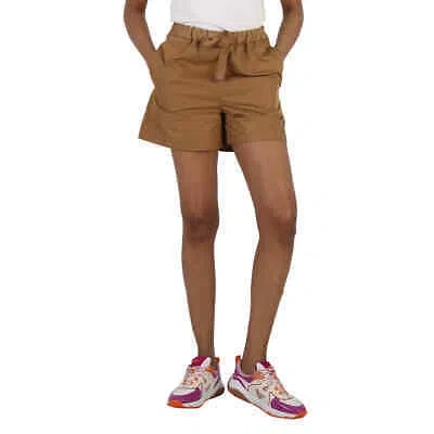 Pre-owned Moncler Ladies Tan Gabardine High-waisted Drawstring Shorts In Brown