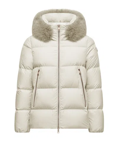Moncler Laichefur Hooded Shearling-trimmed Short Down Jacket In White
