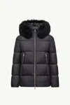 Moncler Laichefur Hooded Shearling-trimmed Short Down Jacket In Black
