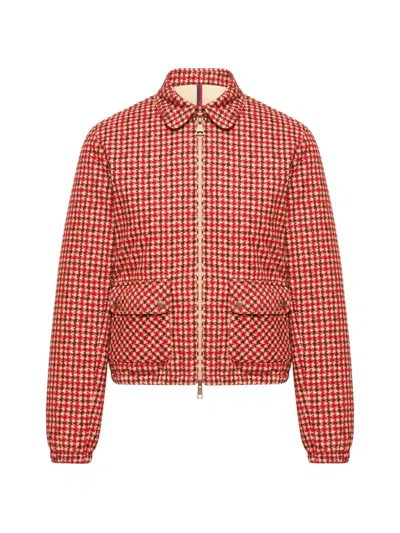 Moncler Lanset Houndstooth-pattern Zip-up Jacket In Red