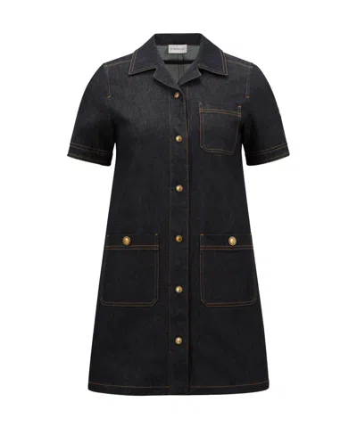 Moncler Short Sleeve Denim Dress With Front Pockets In Blue