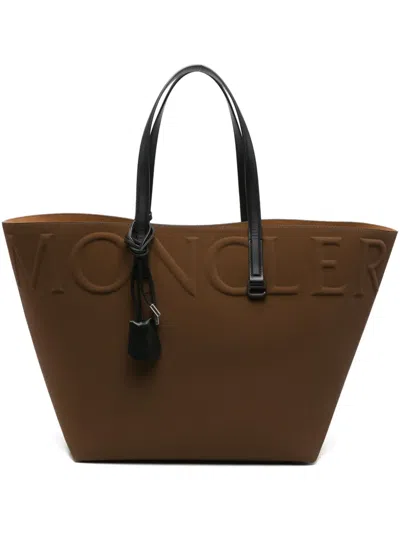 Moncler Large Leather Tote Bag In Brown