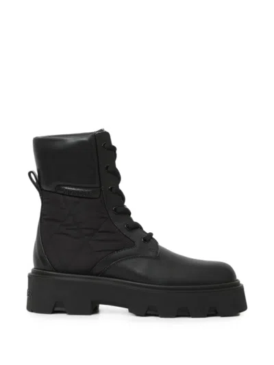 Moncler Leather Ankle Boots With Quilted Nylon Inserts And Lace-up Closure In Black