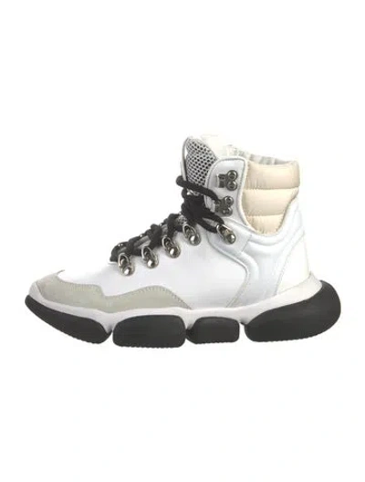 Pre-owned Moncler Leather Colorblock Pattern Lace-up Boots In White