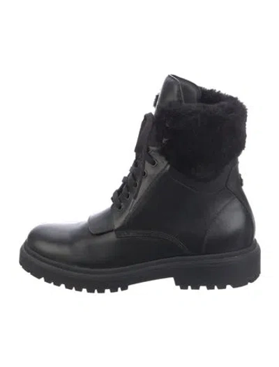 Pre-owned Moncler Leather Fur Trim Combat Boots In Black