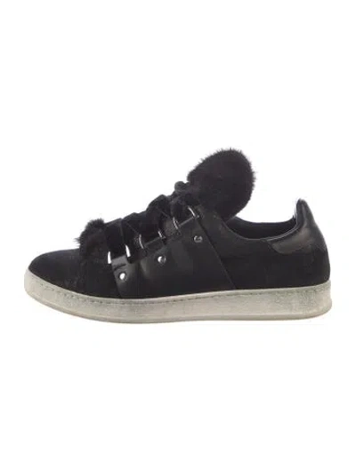 Pre-owned Moncler Leather Fur Trim Sneakers In Blue
